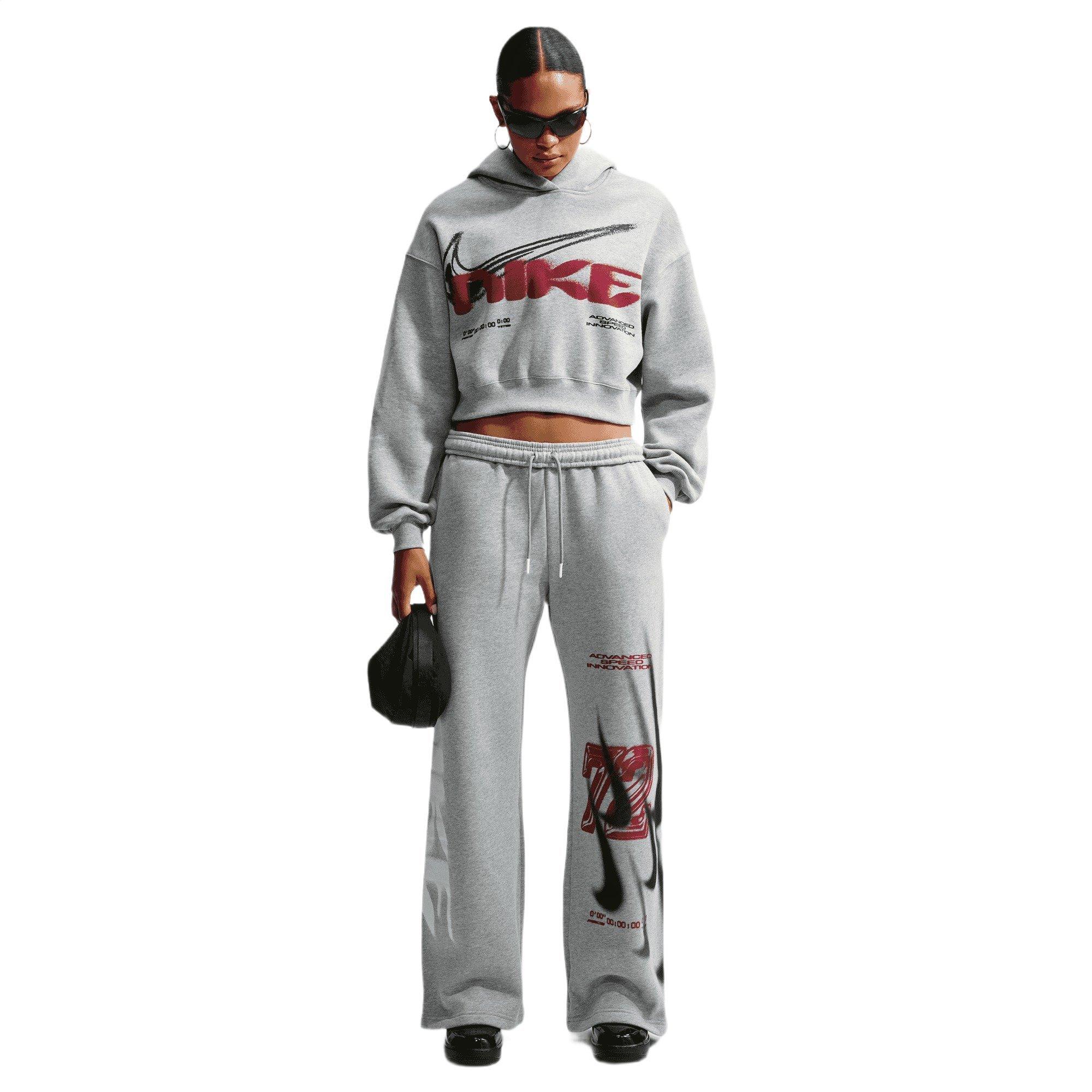 Nike Women's Studio Fleece Medium Weight Oversized High-Rise Straight-Leg Graphic Pants - GREY/RED